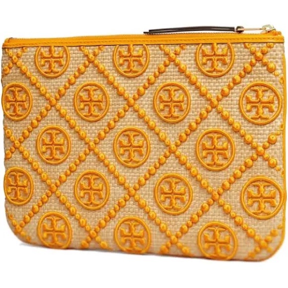 Tory Burch Handbags - NWT Tory Burch Women's T Monogram Embellished Orange Citrine Straw Pouch